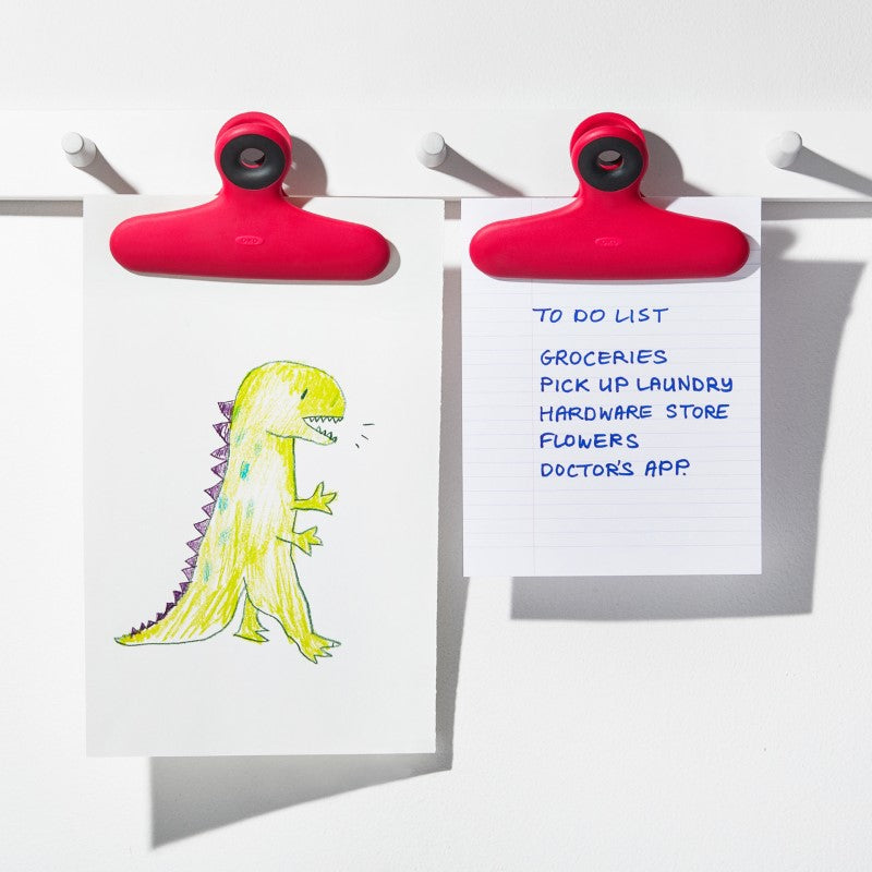 OXO Good Grips Bag Clips (2 Pack) for securing snacks, organizing, and hands-free reading, featuring sturdy construction and non-slip grips.