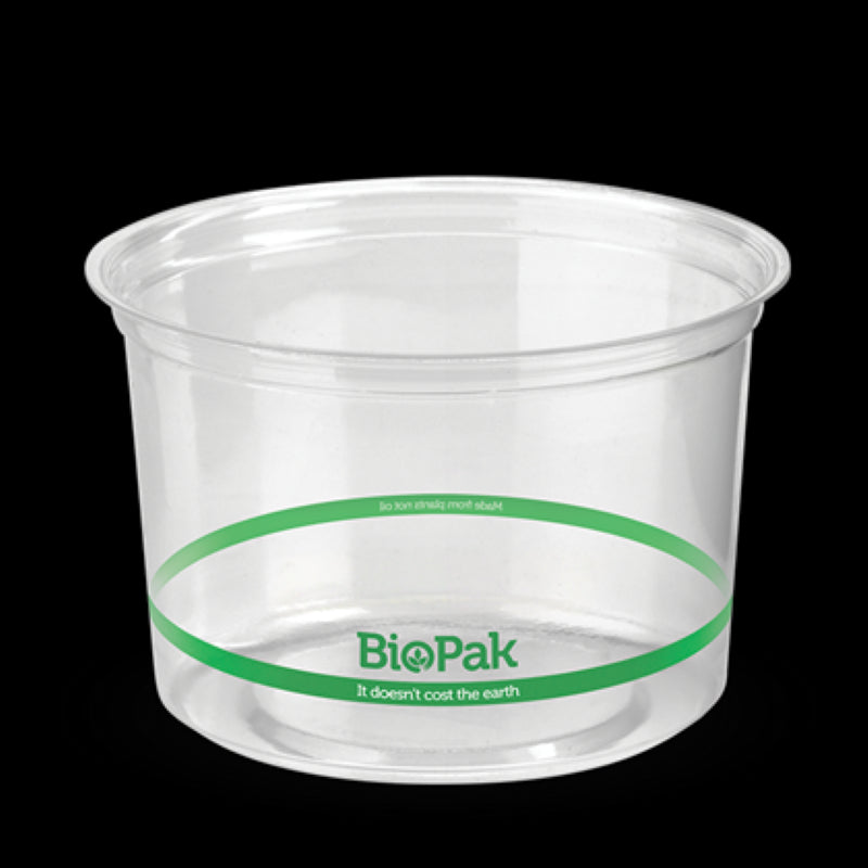 Clear bioplastic bowl from Biopak, 500ml capacity, perfect for cold dishes, pack of 50, 121mm diameter, eco-friendly.