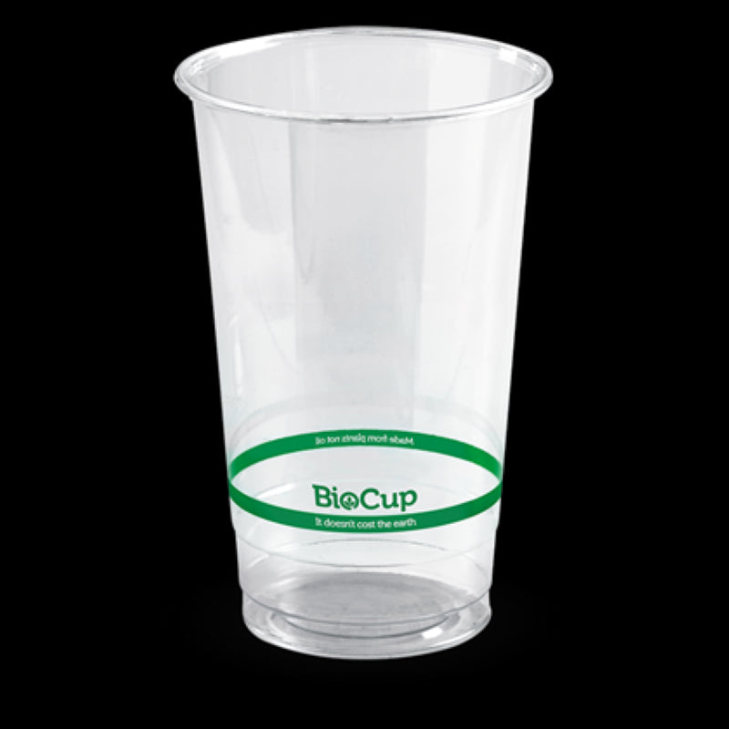 Clear 700ml bioplastic cups from Biopak, ideal for eco-friendly beverage service; pack of 50, compostable and strong.