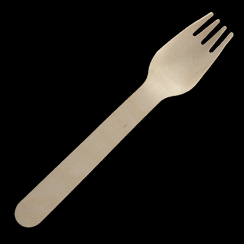Eco-friendly 16cm birch wooden forks from Biopak, perfect for parties and events in a pack of 100.