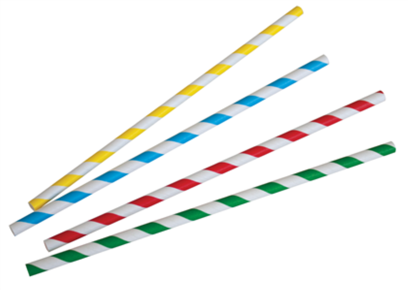 Assorted striped paper straws in vibrant colors, eco-friendly, 6mm x 195mm, 250-pack by Huhtamaki for sustainable sipping.