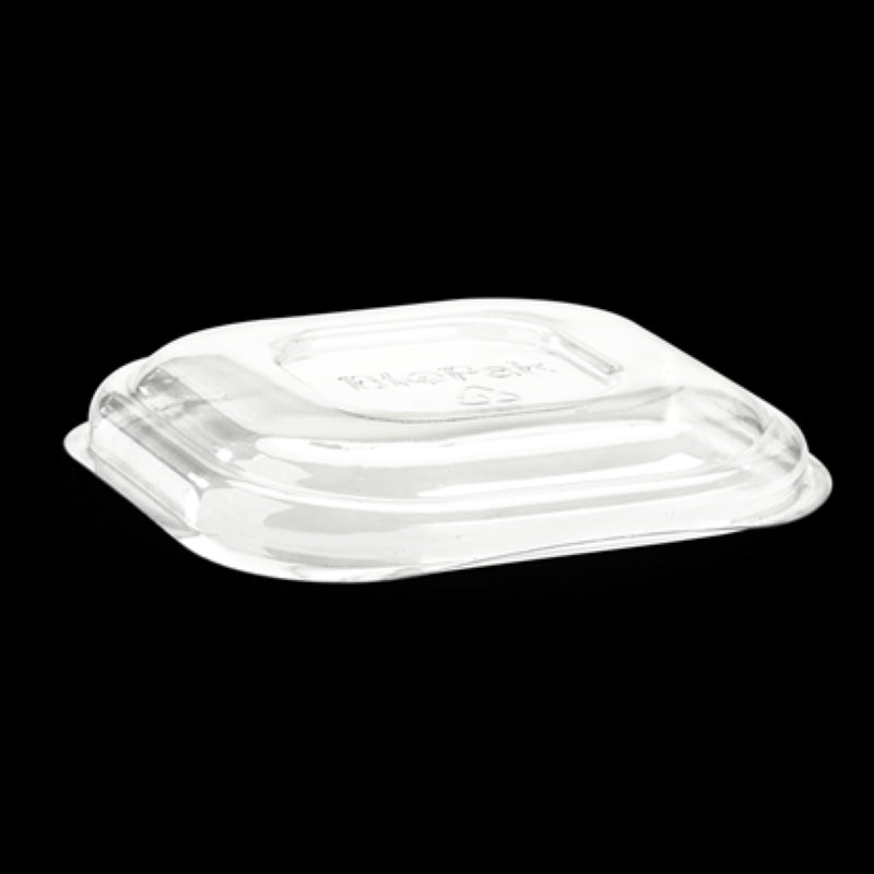 Clear plastic square lids by Biopak for 280-630ml containers, pack of 50, perfect for food storage and takeaways.
