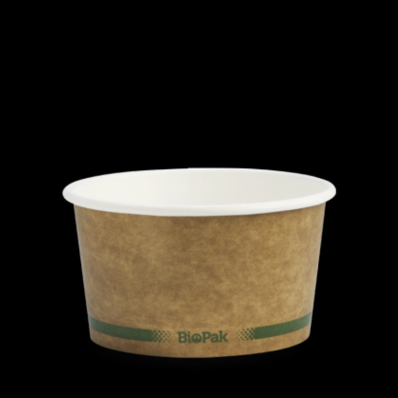 Eco-friendly 12oz brown kraft bowls with green stripe, PLA lined for leak resistance, perfect for takeout and casual dining.