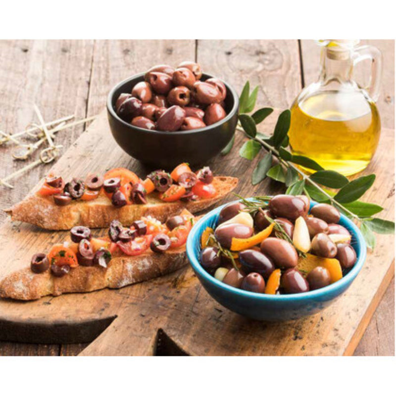 Whole Kalamata olives from Kalos, 2KG jar, featuring a rich flavor and dark purple hue for Mediterranean dishes.
