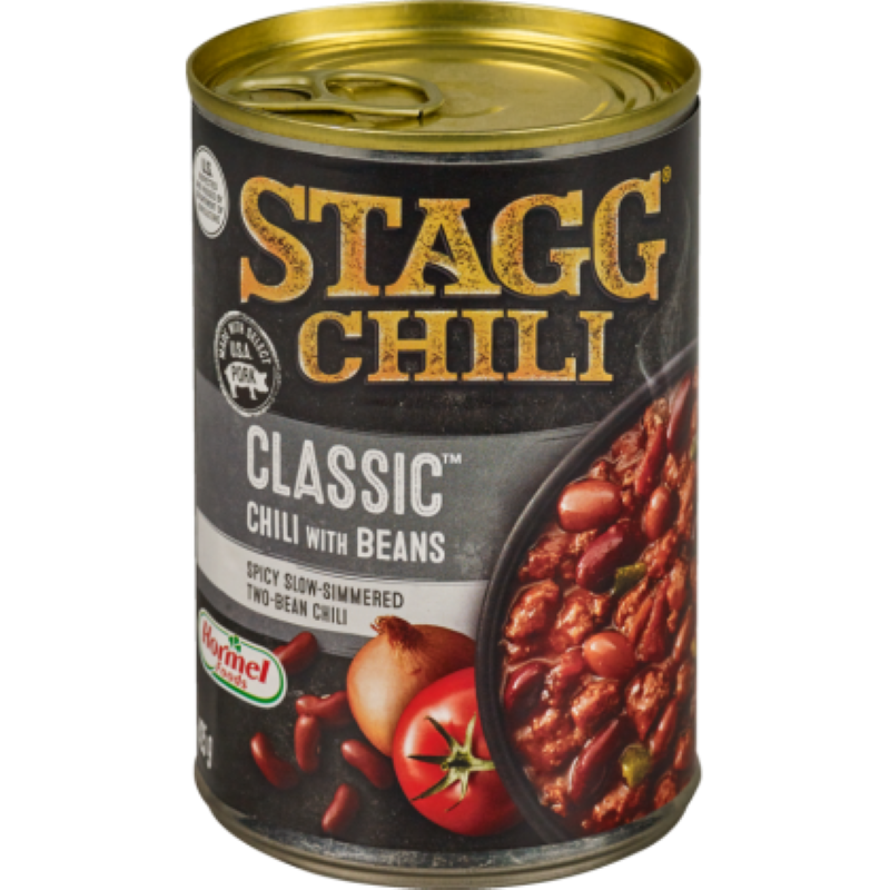 Canned Stagg Chili Classic 425G, flavorful and protein-packed, ideal for quick meals and versatile recipes.