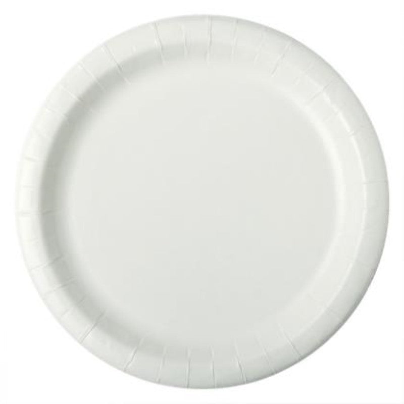 White 230mm paper dinner plates by Huhtamaki, 250-pack, ideal for versatile dining occasions, eco-friendly, disposable tableware.