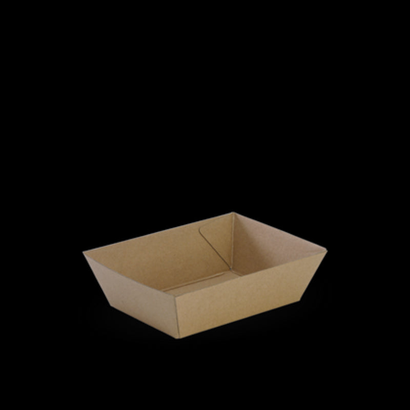 Eco-friendly brown rectangular tray (131x91x50mm) from Biopak, made of FSC certified paperboard, perfect for takeaways.