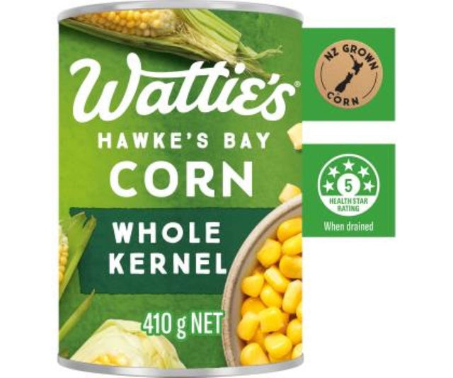 Canned Wattie's Corn Whole Kernel (410G) featuring sweet, tender grains for versatile cooking and nutritious meals.