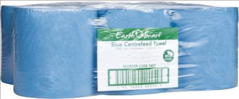 Eco-friendly 1-ply blue paper towels made from 100% recycled materials, 6 rolls of 330 meters each for effective cleaning.