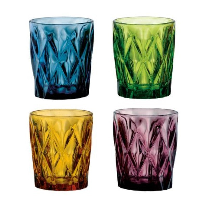 Set of 4 multi-coloured Artland Highgate Dof Tumblers with diamond design and sloping gradient, perfect for serving beverages.