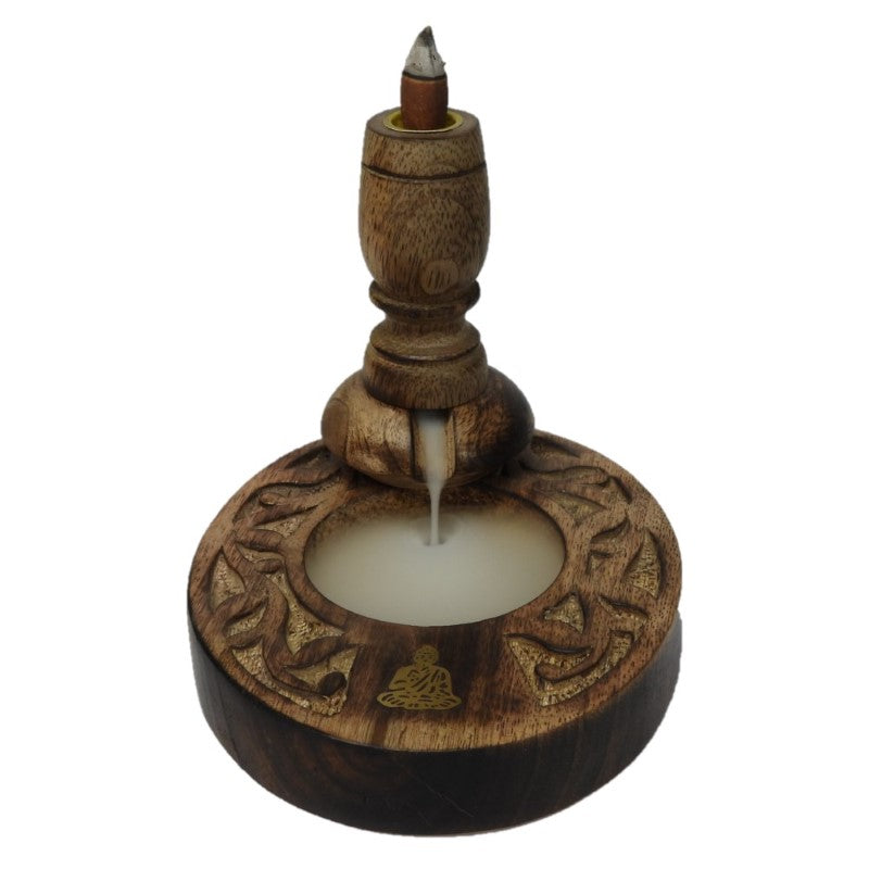 Handcrafted Buddha Backflow Burner in mango wood with brass inlay, creating cascading smoke for a tranquil ambiance.