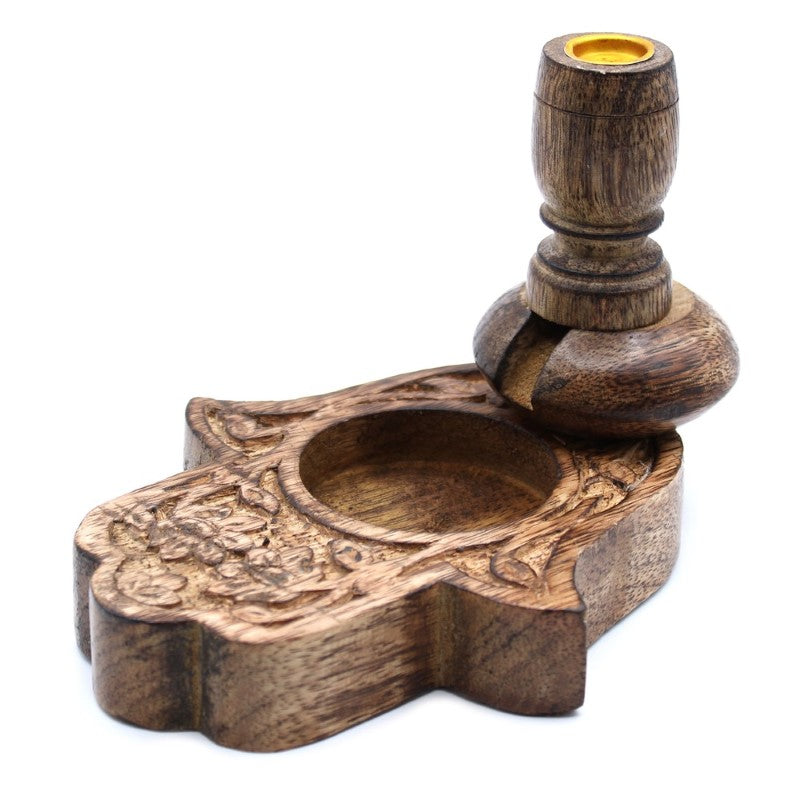 Hand-carved Hamsa backflow burner from mango wood, featuring intricate details and antique finish for serene ambiance.