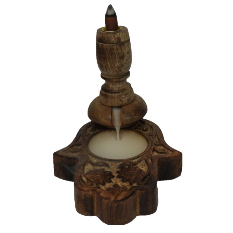 Hand-carved Hamsa backflow burner in mango wood with antique finish, promoting relaxation and tranquil ambiance.