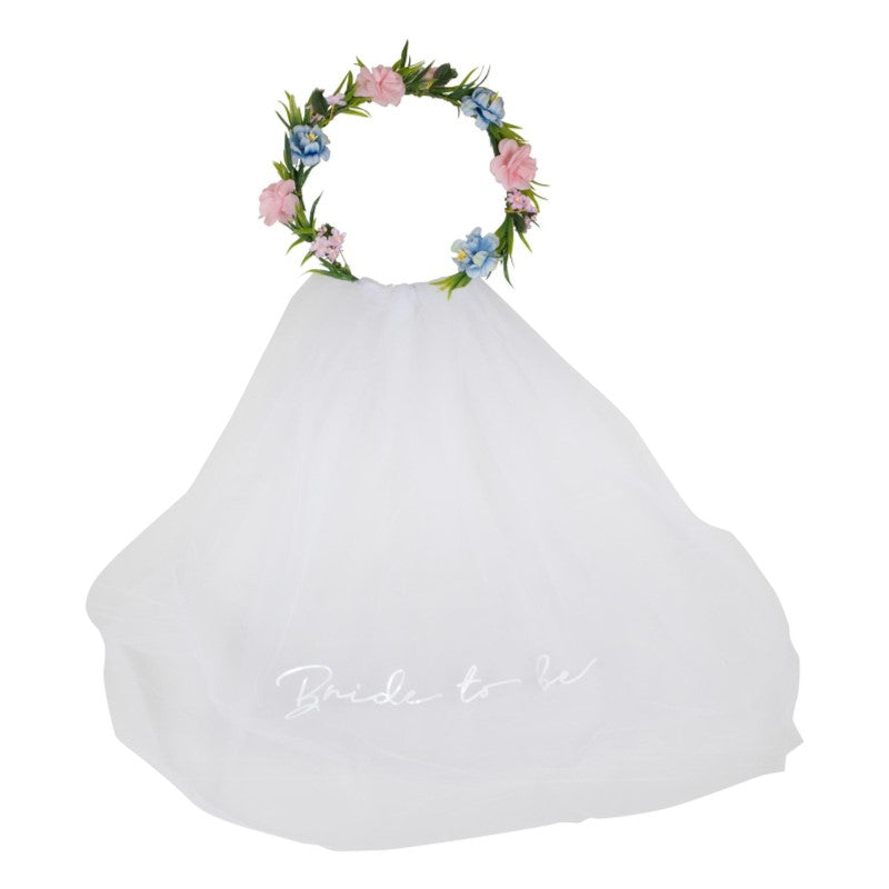 Boho Bride To Be Hens Party Veil with Floral Crown