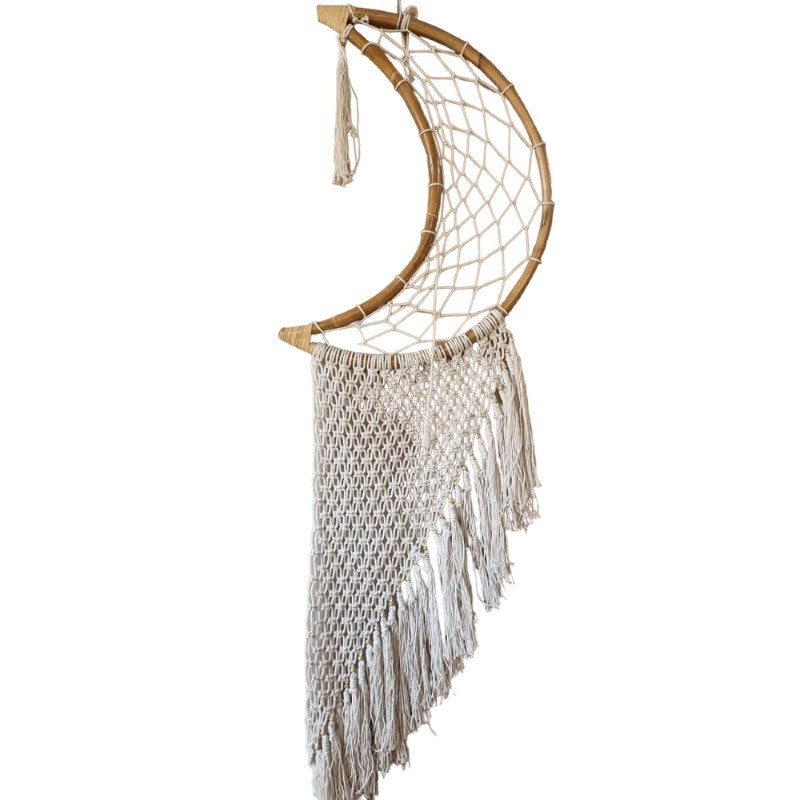 White half moon dreamcatcher, 60cm, featuring delicate design, feathers, perfect for adding bohemian charm to any space.