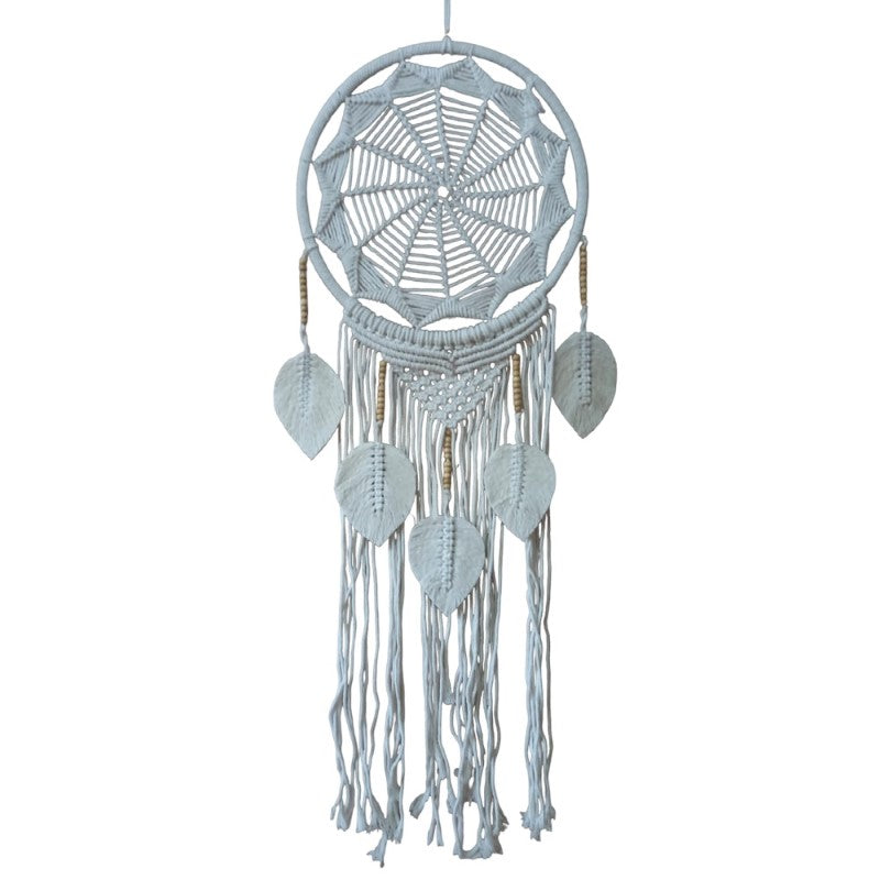 White Web 5 Leaf Dreamcatcher, 32cm, elegantly crafted to capture bad dreams and enhance your decor with bohemian charm.