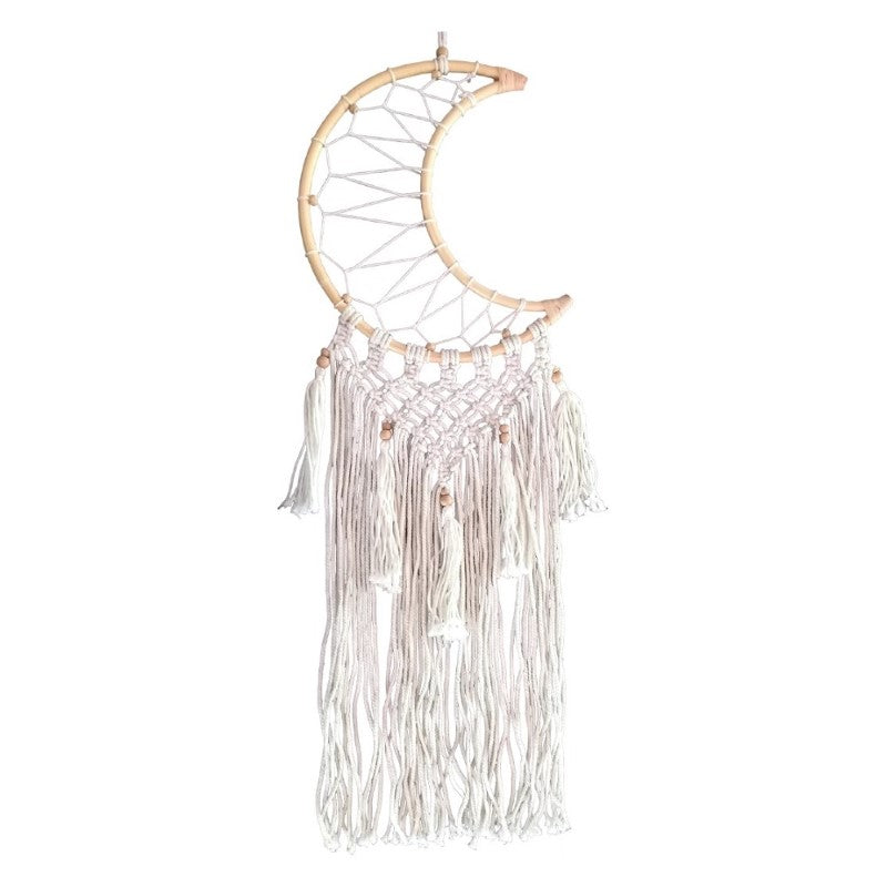 Elegant 25cm white half moon dreamcatcher with delicate feathers and beads, ideal for home decor and positivity.