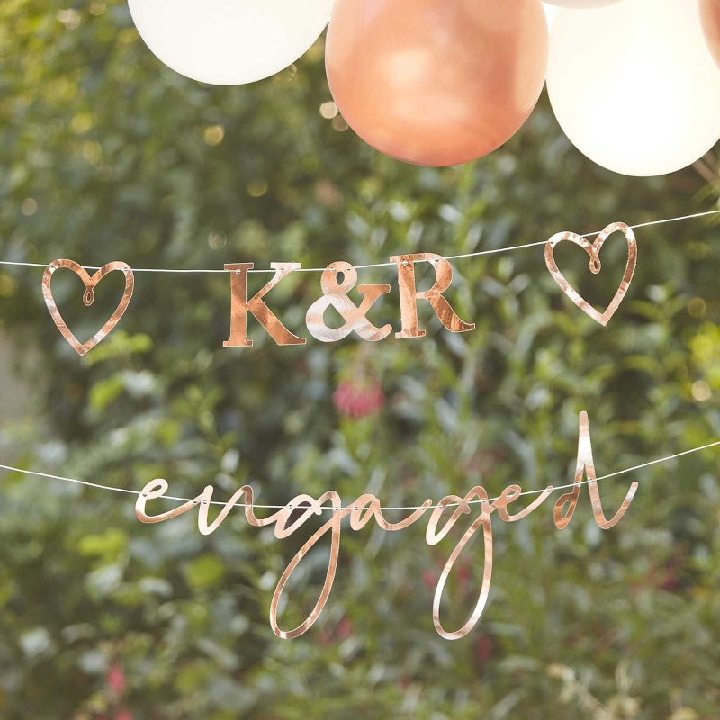 Engaged Bunting with Customisable Initials & Hearts Rose Gold 2m