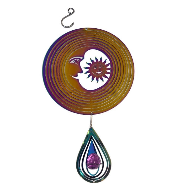 3D metal wind spinner featuring sun and moon design, creating mesmerizing light reflections and captivating movement outdoors.