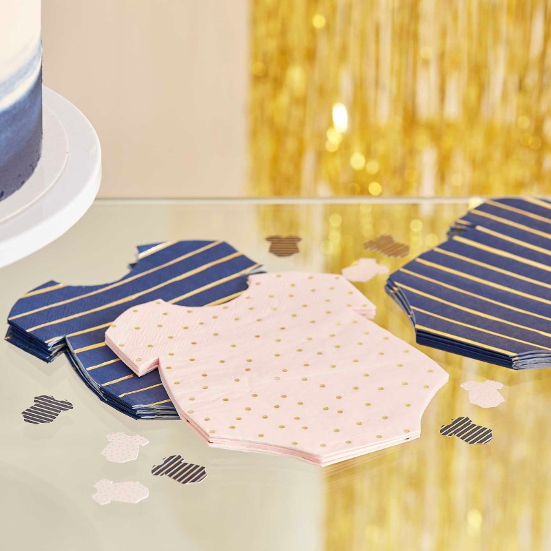 Gender Reveal Gold Foiled Pink And Navy Baby Grow Shaped Napkins - Pack of 16 12 W x 16 H cm
