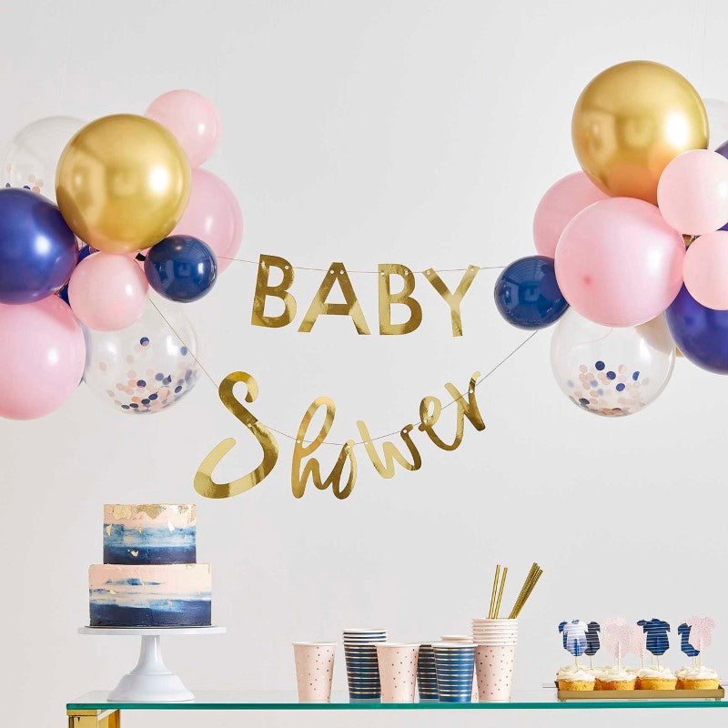 Gender Reveal Gold Foiled 'Baby Shower' Bunting 2m length & 28 Balloons