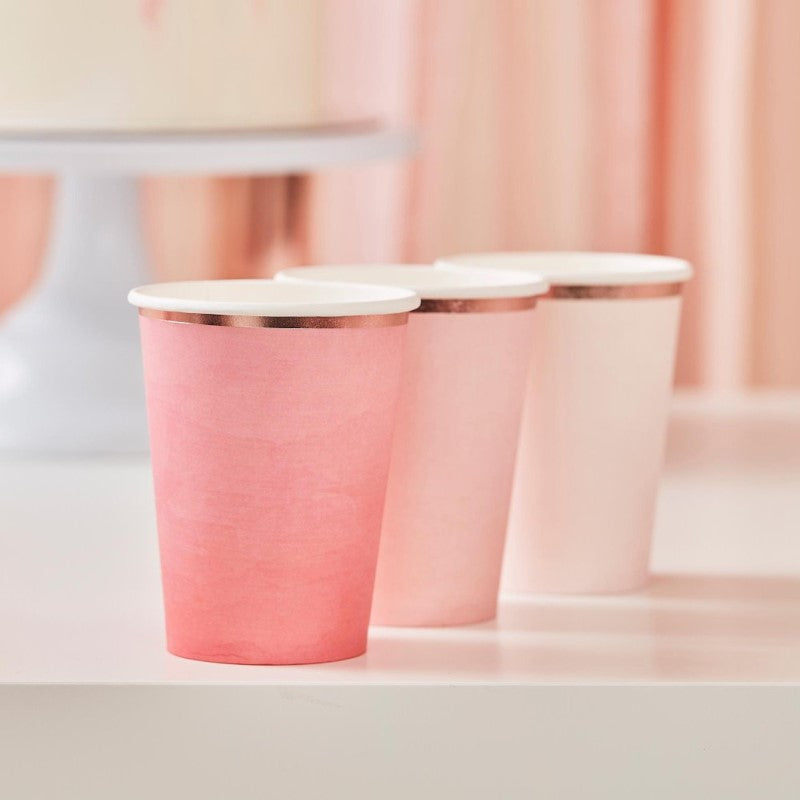Ombre pink and rose gold foil paper cups, pack of 8, perfect for stylish celebrations and easy cleanup.