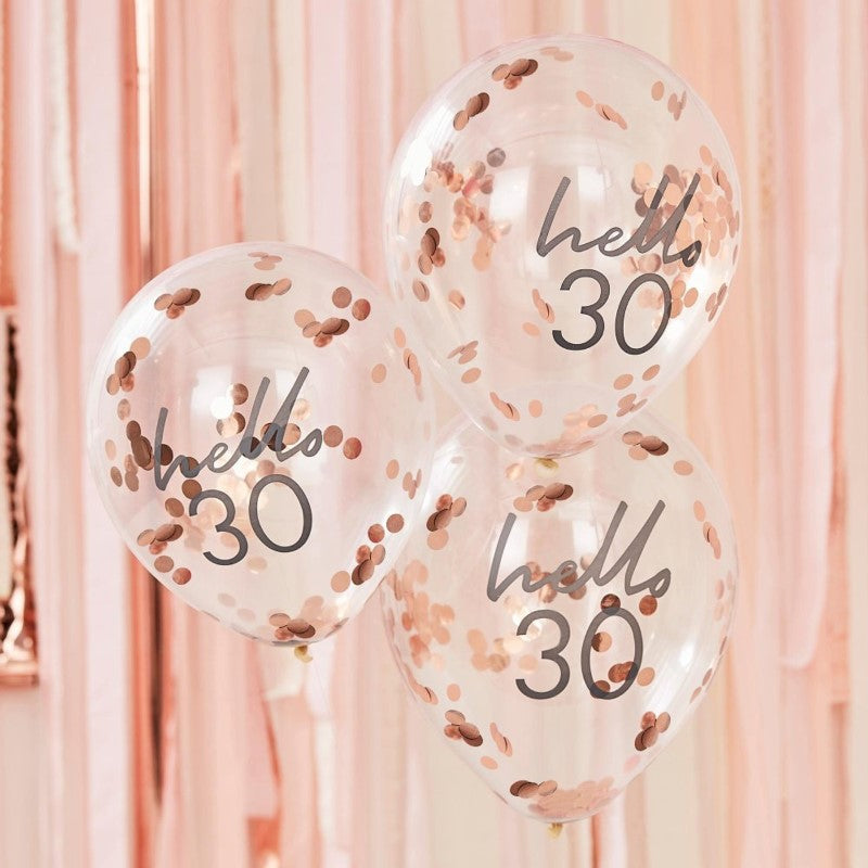 Rose Gold Confetti Filled 'Hello 30' 30cm Balloons - Pack of 5