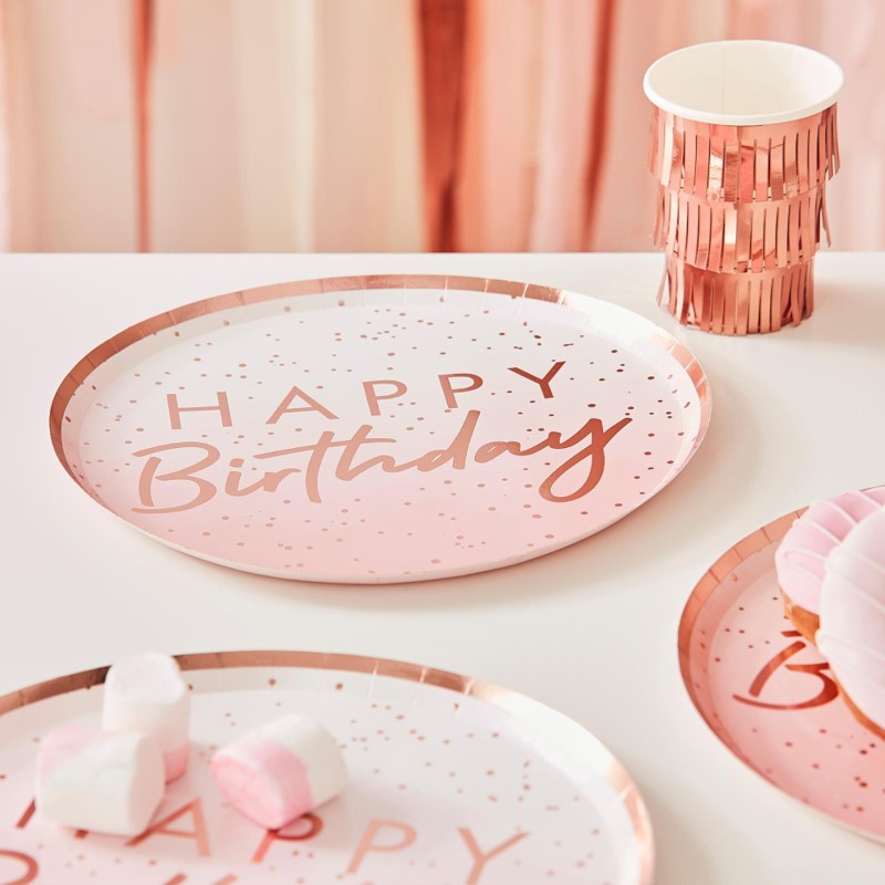 Happy Birthday Rose Gold Ombre Plate - Pack of 8 24cm(H) x 24cm (W)
