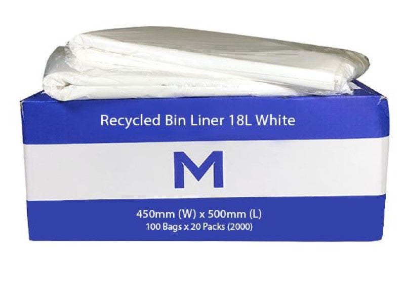 Eco-friendly FP Recycled Bin Liner 18L in white, 20mu thick, ideal for waste containment in various settings. Box of 2400.