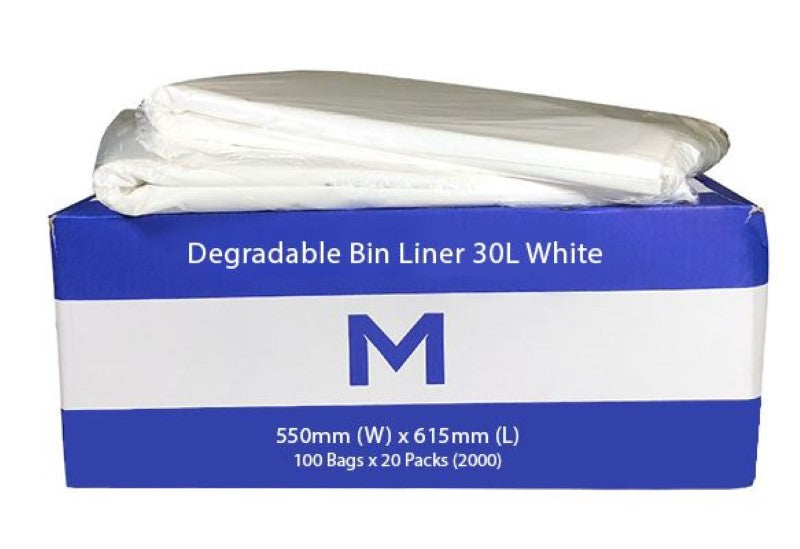 White degradable bin liners, 30L size, 550mm x 615mm, 11mu thickness, eco-friendly, 2000 count box for sustainable waste disposal.