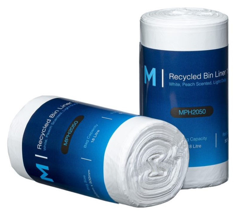 Eco-friendly 18L recycled bin liners, 450mm x 500mm, peach scented, durable and leak-resistant, box of 1750.