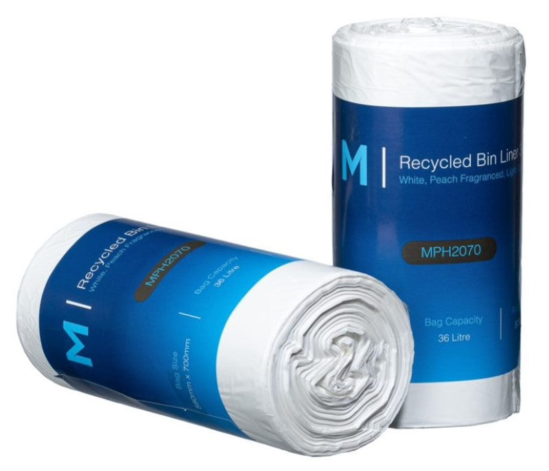 Eco-friendly white 36L recycled bin liners in a bulk box of 1450, featuring peach scent for pleasant odor control.