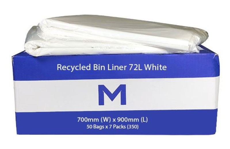 FP Recycled Bin Liner 72L - White, durable and eco-friendly, 700mm x 900mm, box of 350 for efficient waste management.
