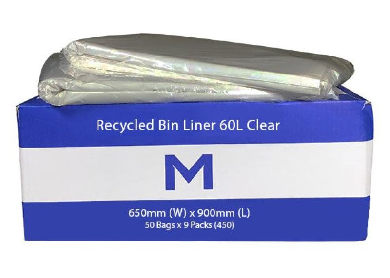 Clear recycled bin liners, 60L, 650mm x 900mm, eco-friendly, puncture-resistant, box of 450 for efficient waste management.