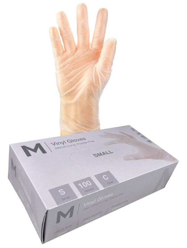 Clear powder-free vinyl gloves, size small, 240mm cuff, ideal for food prep and sensitive skin, box of 1000.