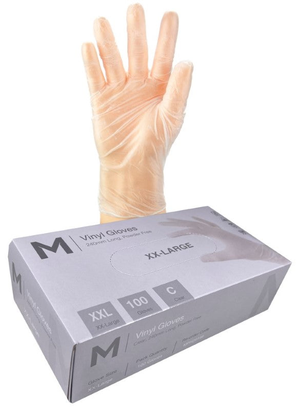 Clear, powder-free vinyl gloves in 2XL, 240mm cuff, ideal for food handling and hygiene, available in a box of 1000.