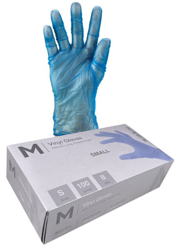 Blue powder-free vinyl gloves, size S, 240mm cuff, designed for food safety and comfort, 1000 gloves per box.