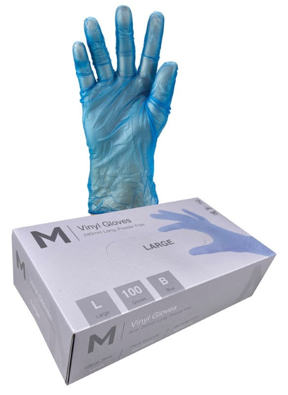 Blue powder-free vinyl gloves, large size, 240mm cuff length, ideal for food handling and everyday tasks, box of 1000.