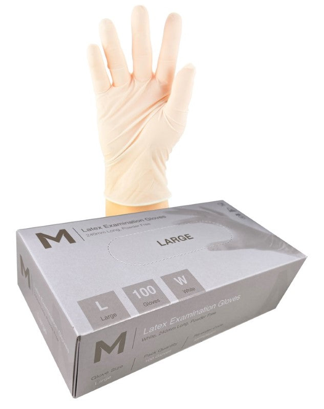 White powder-free latex examination gloves, size L, 240mm cuff, 6.0g, ideal for medical and laboratory use, eco-friendly option.