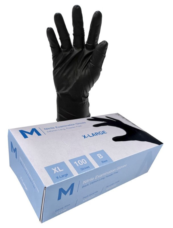 Black nitrile examination gloves, powder-free, XL size, box of 1000, offering puncture resistance and comfort for various applications.
