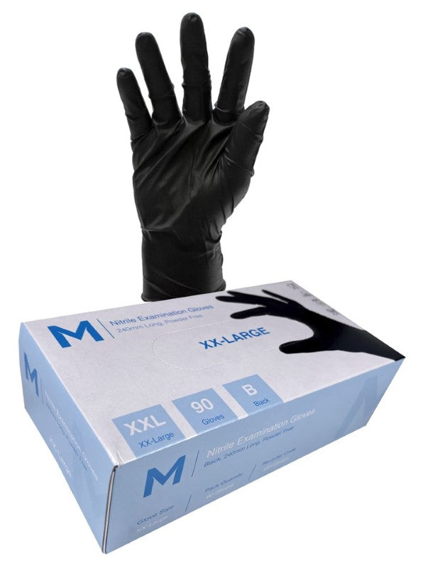 Powder-free black nitrile gloves, 2XL, durable and puncture-resistant, ideal for medical, industrial, and cleaning tasks. Box of 900.
