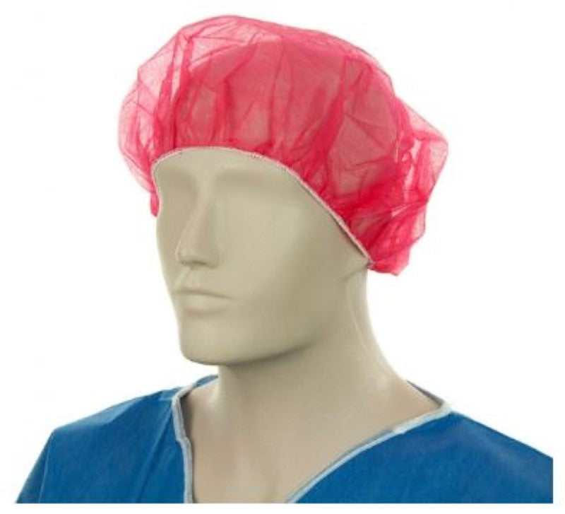 Red polypropylene bouffant hats in a box of 600, designed for larger hairstyles, offering breathable head coverage and hygiene.