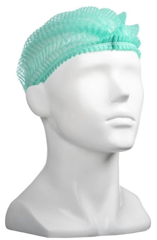 Green polypropylene crimp hats, 530mm wide, disposable, lightweight, elastic fit, ideal for hygiene in food and medical settings.