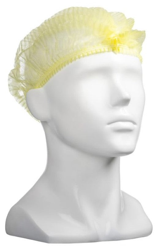 Vibrant yellow polypropylene crimp hats, 530mm wide, ideal for hygiene in food, medical, and industrial settings. Box of 1000.