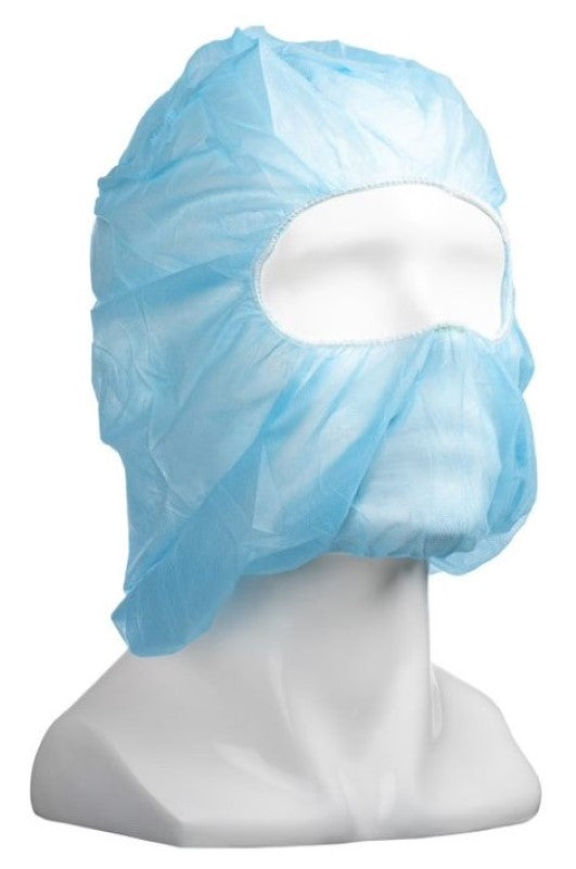 Blue polypropylene full face balaclavas (box of 400) offering warmth, breathability, and full facial coverage for various applications.