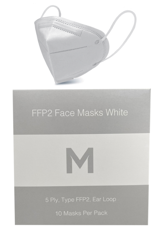 FFP2 protective face masks in white, 5-ply design with ear loops, filtering 94% of airborne particles, pack of 10.