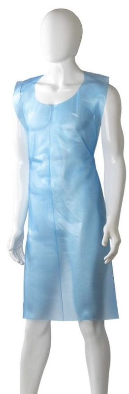 Blue polyethylene back tie apron, 800mm x 1250mm, disposable and lightweight, ideal for medical and food service use. Box of 500.