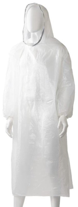 White polyethylene hooded ponchos in a box of 96, offering full-length protection with elastic cuffs and tie-down hood.
