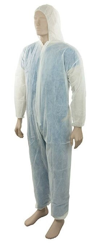 White XL polypropylene coverall pack of 18, lightweight 50gsm, full zipper, elasticized cuffs for dust and dirt protection.