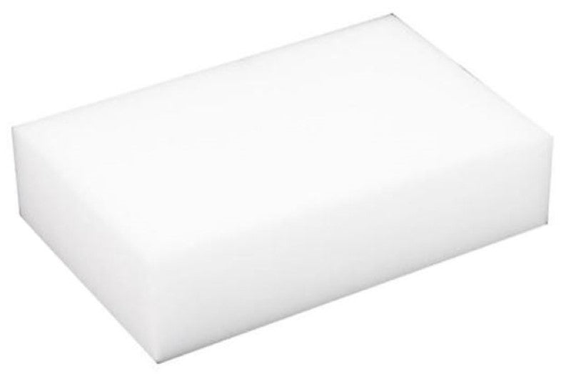 Large white melamine sponge scrubbers in a box of 20, ideal for removing tough stains from various washable surfaces.